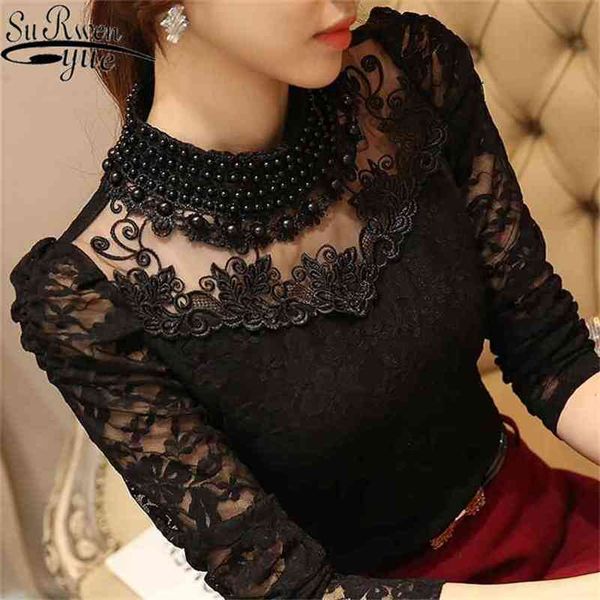 

plus size long sleeve blouse shirts women fashion beaded blusas femininas chic lace clothing style 800b 210421, White