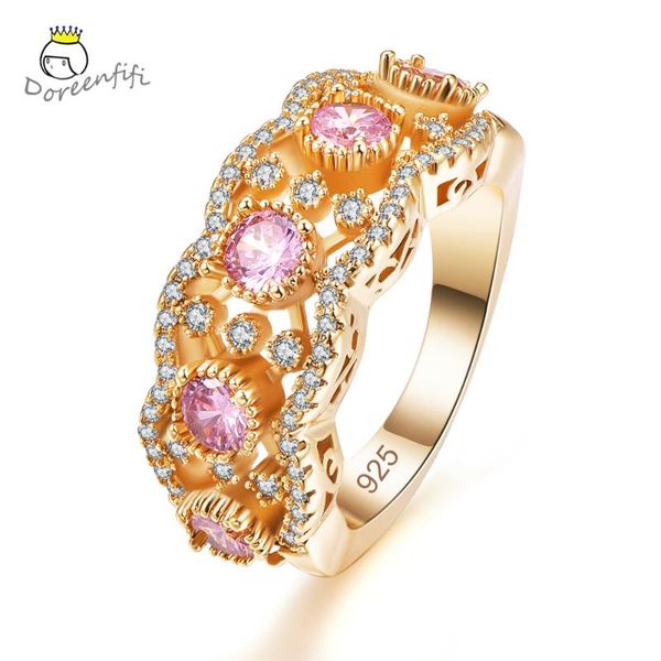 

cluster rings luxury gold color pink champagne cz 925 sterling silver ring female women wedding jewelry gift size 6 7 8 9 anillo turmalina, Golden;silver