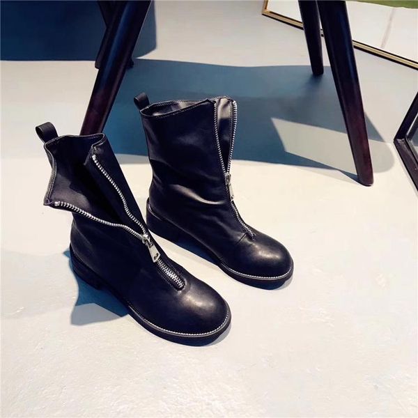 

boots zipper front knight style women fashion ankle round toe female square med heel black leather vintage