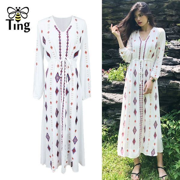 

casual bohemian geometric embroidery maxi dress women drawstring waist summer beach style long vestidos plus size 210513, Black;gray