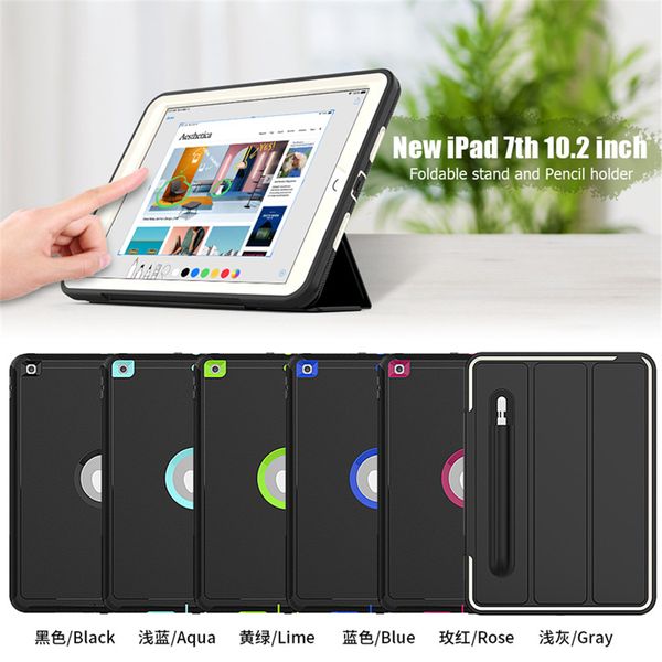 TPU PC tablet casos para iPad 10.2 [7th / 8th gen] ar 3 pro 10.5 / 9.7 polegadas 3-camadas à prova de choque flip stand capa inteligente com suporte de lápis compilável