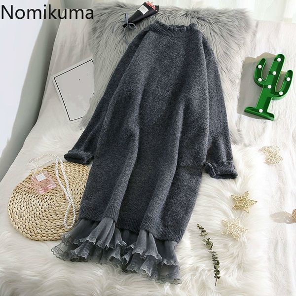

nomikuma gauze patchwork knitted dress women casual loose long sleeve autumn winter basic dresses fashion vestidos 3d748 210514, Black;gray