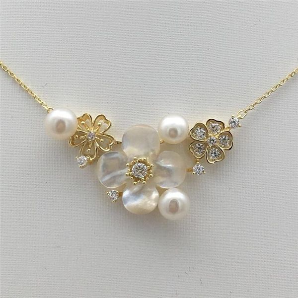 

pendant necklaces natural freshwater 5-6mm white pearl shells flowers tibetan silver + 18kgp necklace with good quality 16 inches 001