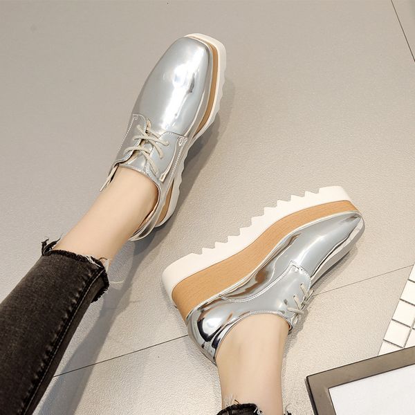 

sandals japanned leather platform shoes woman classic silver brogue mixed color espadrilles women muffins derby creepers 119 d6nc, Black