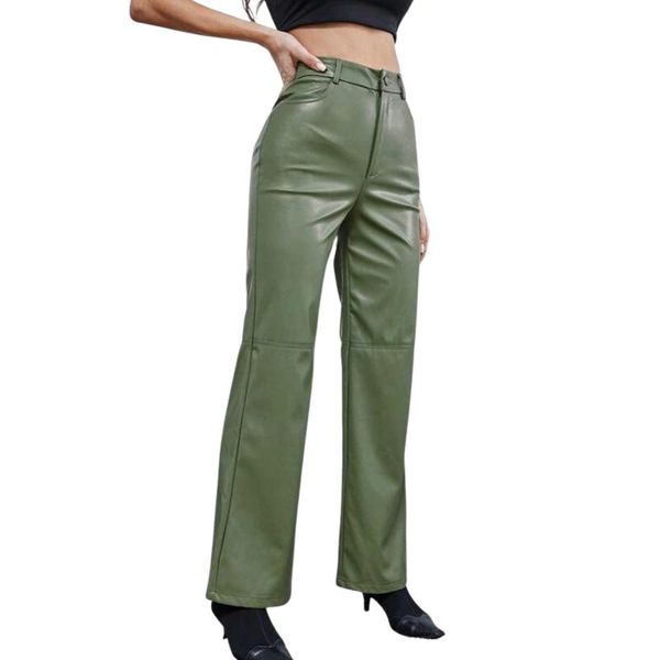 

women's pants & capris women fashion leather high waist straight slimming side pockets solid color casual party fall trousers streetwea, Black;white