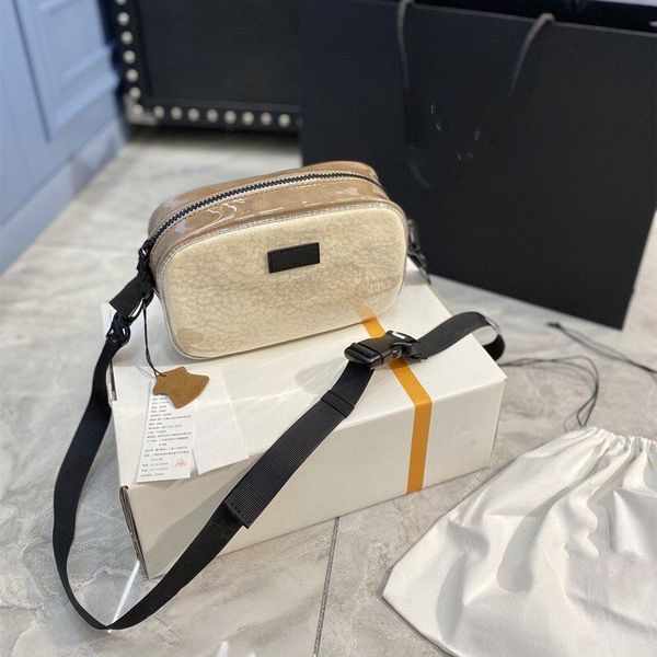 

fashion crossbody bag designer cosmetic style bag autumn and winter lamb fur integrated saddle handbag , wool camera pvc letter jelly bags .
