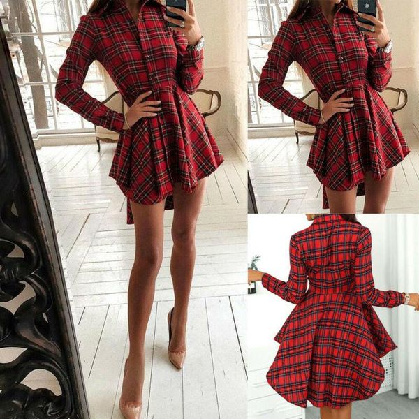 

women's plaid blouse dress long sleeve casual mini shirt dresses, Black;gray
