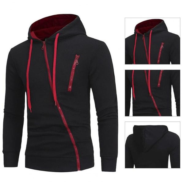 

men's hoodies & sweatshirts 2021 autumn winter contrast colors slim oblique hoodie cardigan zipper casual coat for work oversized, Black
