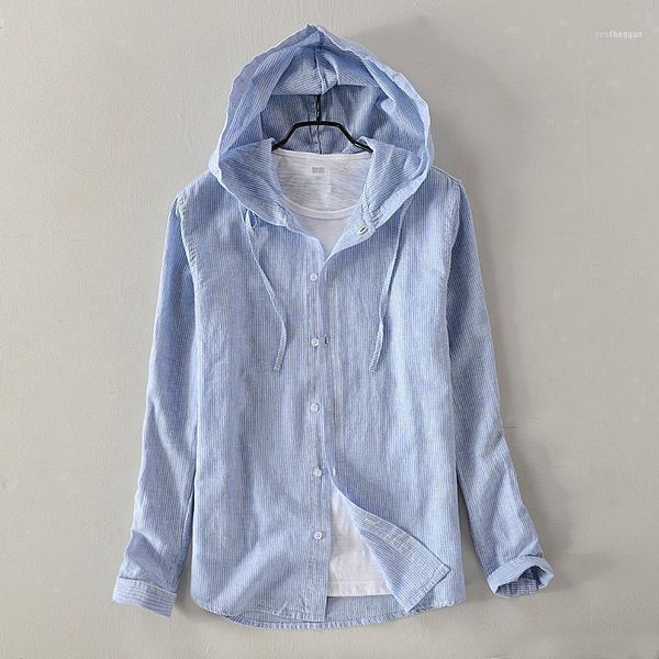 

men's casual shirts 2021 cotton and linen hooded long-sleeved shirt solid sky blue men autumn fashion male camisa1, White;black
