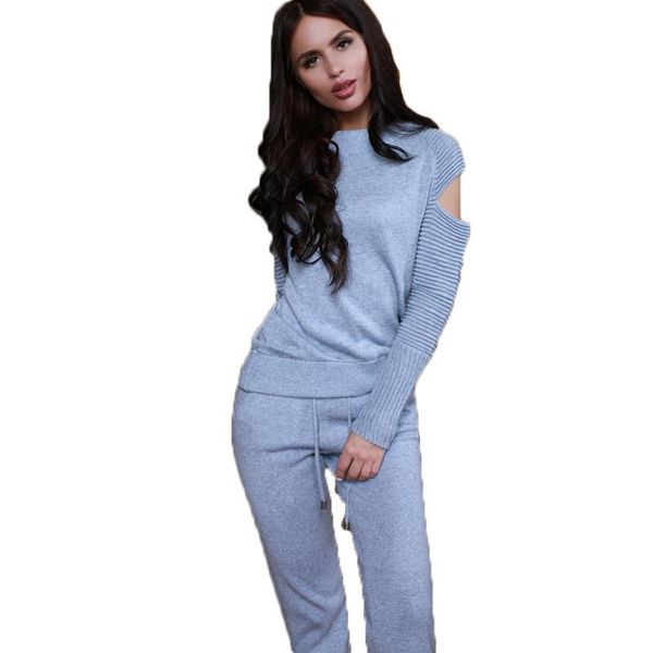 

two piece dress women sweater + pants set casual round open shoulder knit sets clothing fashion knitted suit 2 2021 rh658, White
