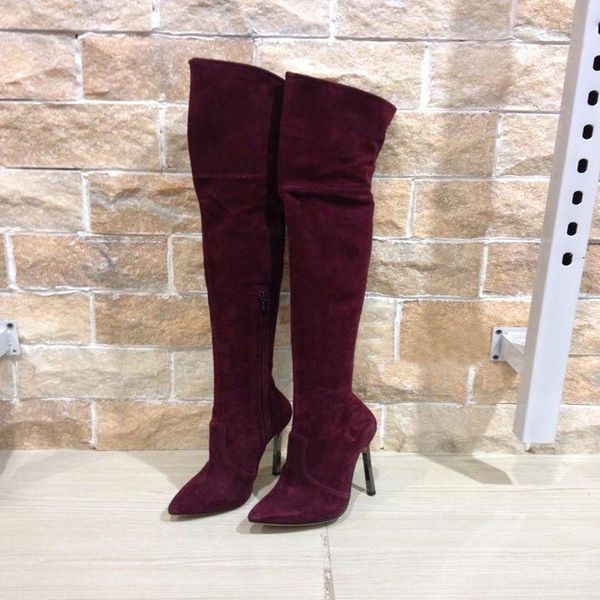 

boots fashion winter women over the knee leather zipper high heels botas pointed toe thigh shoes, Black