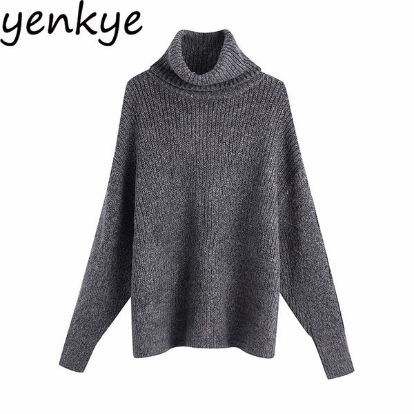 

winter women solid color vintage oversize sweater long sleeve casual turtleneck pullover hem side slits pull femme 210514, White;black