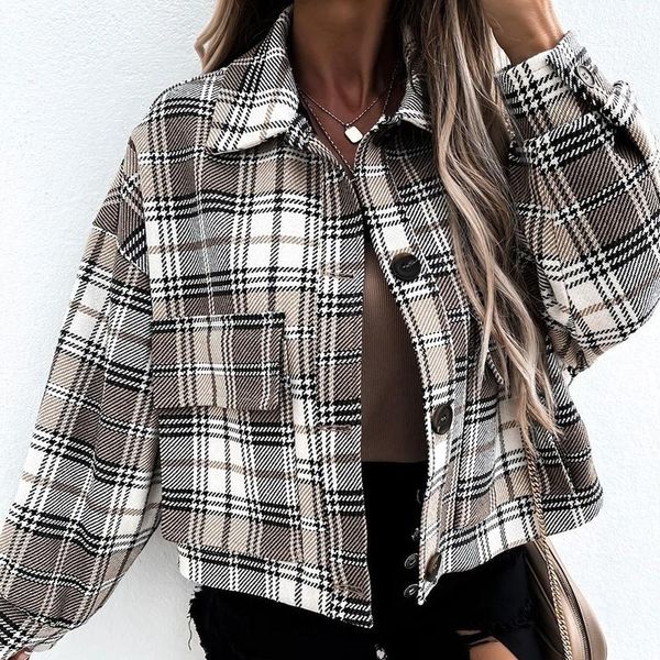

women's jackets vintage plaid printed women autumn winter loose elegant turn-down collar buttons cardigan coats female casual outerwear, Black;brown