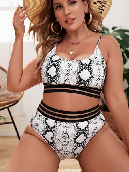 

plus snakeskin print mesh trim bikini swimsuit q1cq#, Black