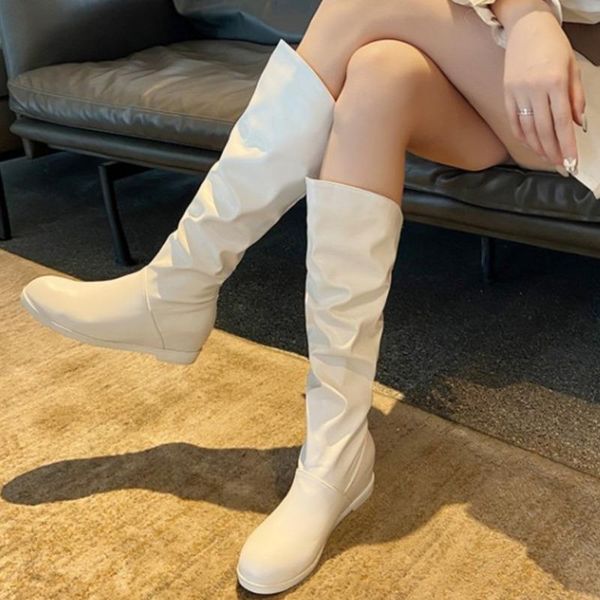 

boots women knee high 2021 autumn winter low heels round teo slip on pleated female white black pu leather long