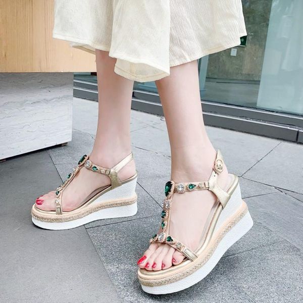

ethnic bohemia women rhinestone crystal sandals platform wedge high heels t strap beach holiday shoes lady vogue, Black