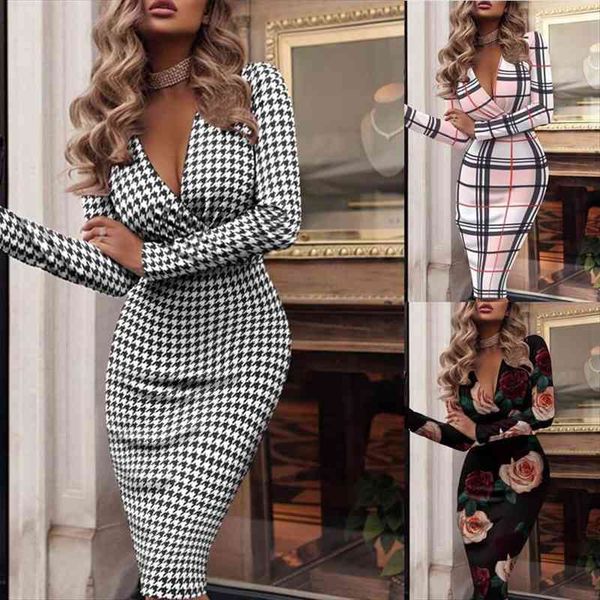 

autumn and winter french womens dress retro european american fashion print v neck bag hip long sleeve slim sub, Black;gray