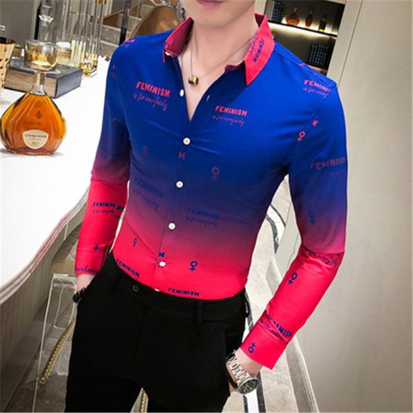 

gradient color designer shirts men long sleeve shirt casual slim fit camisas bordadas camicia uomo mens clothing 2021 spring men's, White;black