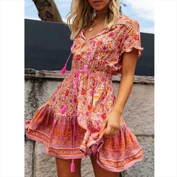 

loose summer pink floral women dress a line print v neck short sleeve dresses holiday beach, Black;gray