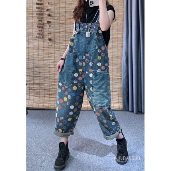 

women's jeans ladies wave dot printing overalls women spring and summer loose all-match fashion casual pants jumpsuit, Blue