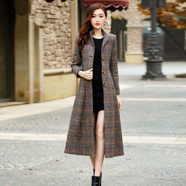 

women's wool & blends superior quality women coat 2021 autumn winter plus size s~3xl x-long lace up plaid slim female hf555, Black