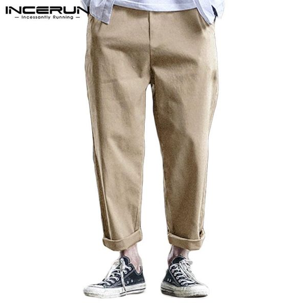 

men's pants incerun fashion men casual elastic waist solid cotton joggers classic trousers streetwear full length 2021 s-5xl, Black