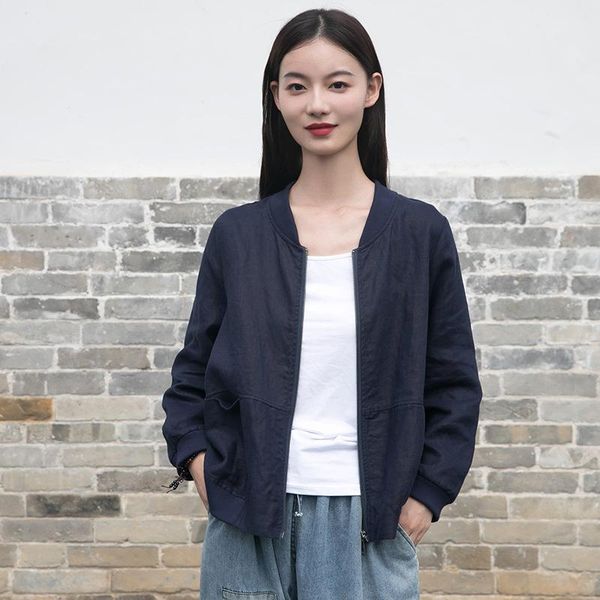 

women's suits & blazers 2021 autumn literary and leisure versatile loose long sleeved with solid color baseball collar linen jacket, White;black