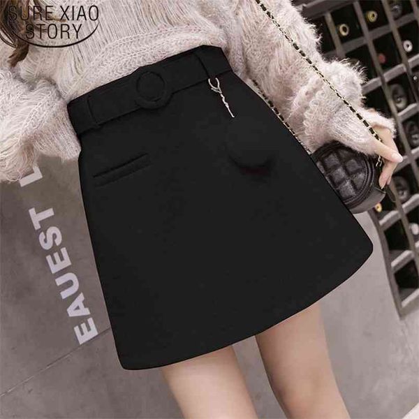 

autumn winter a line above knee belted short skirt women's woolen mini skirts high waist slim korean faldas mujer 7166 50 210506, Black