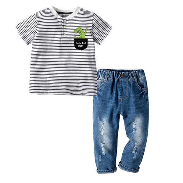 FOCUSNORM 1-5Y Sommer Kinder Jungen Kleidung Sets Gestreiften Cartoon Tier Gedruckt Kurzarm T Shirts Denim Hosen X0802