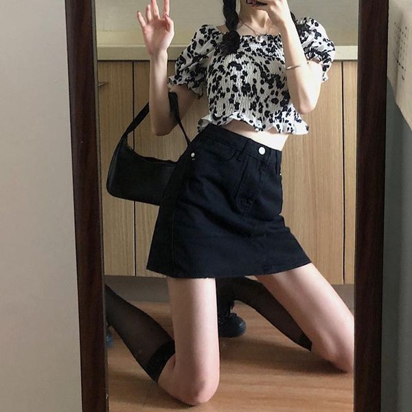 

skirts summer 2021korean high-waist denim skirt female students all-match thin short spring and autumn a-line, Black