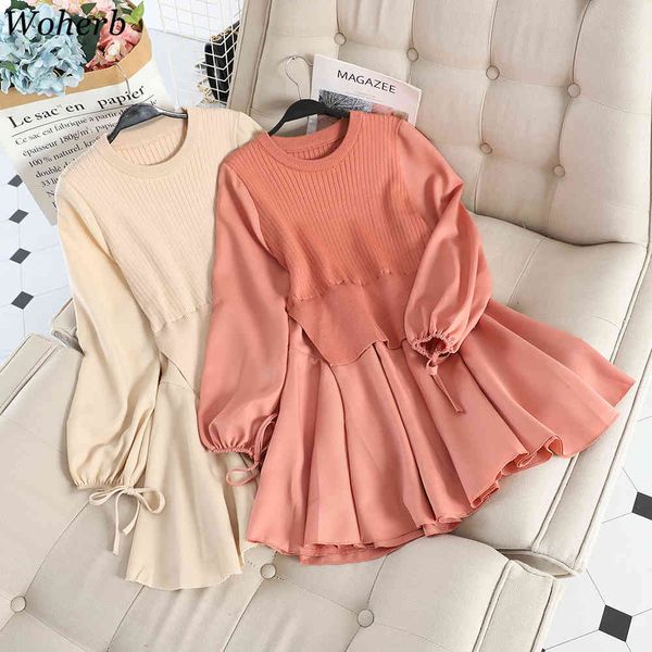 

fake two knitwear dress women korean patchwork ruffles knitted vestidos o-neck slim fit robe sweet pleated dresses 4e965 210417, Black;gray