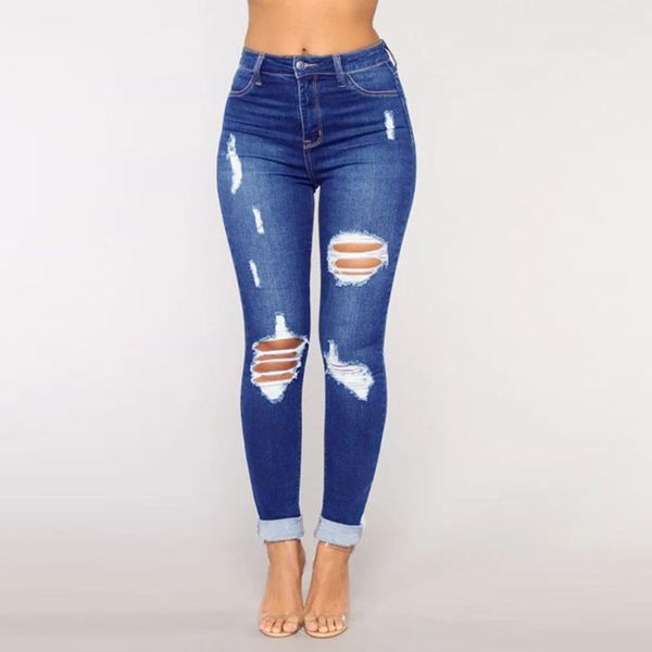 

women's jeans fall 2021 tapered pants women slim fit european and american fashion ripped washed, Blue