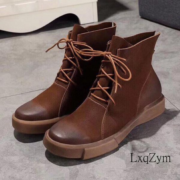 

boots stylish women's real leather thick bottom flat shoes female lace-up round toe ankle leisure comfortable short, Black