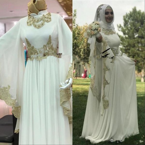 Modest Muçulmano Hijab Hijab Neck vestidos de casamento com laço de ouro Applique mangas compridas Chiffon Plus Size Nupcial Party Dresses Vestidos de Novia