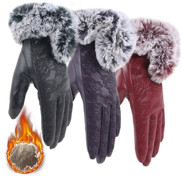 

ski gloves women's winter velvet lace warm use mobile phone riding running rex fur touch screen lady #40