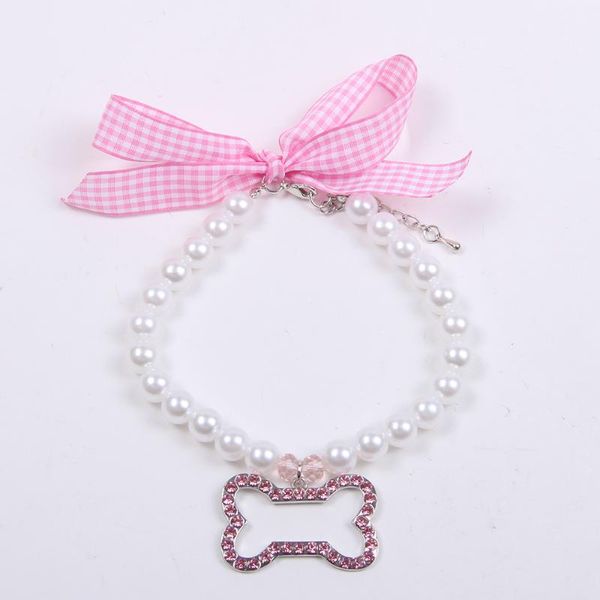 

dog pet pearls necklace collar with rhinestones bone charm puppy jewelry accessory for dogs puppies small medium apparel