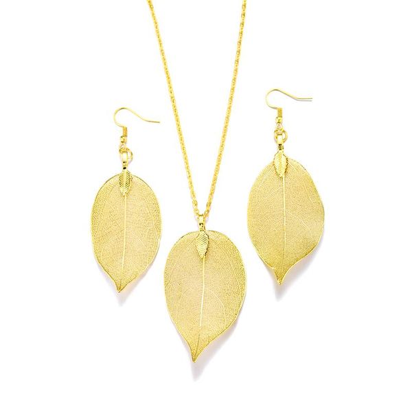 

earrings & necklace unique filigree wedding for women gold silver color natural real leaf chain long jewelry set gift