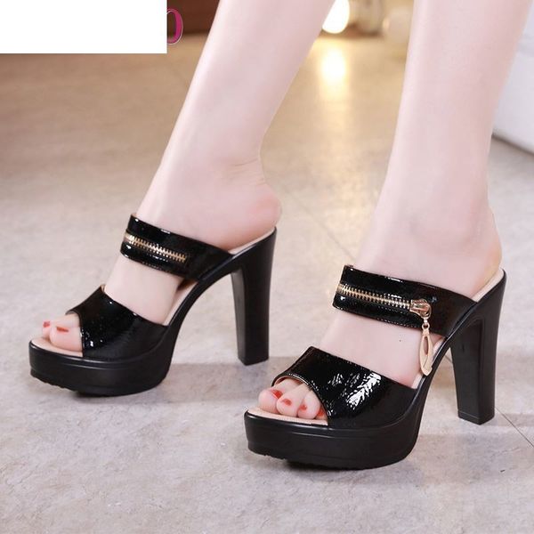 

sandals open toe leather platform shoes woman summer slippers 2021 high heels slides ladies office slipper plus size 35-43 817d, Black