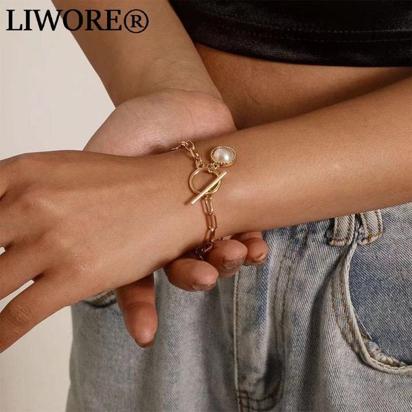 

link, chain fashion retro bracelet women metal ot buckle pearl crystal pendant feminine charm jewelry, Black