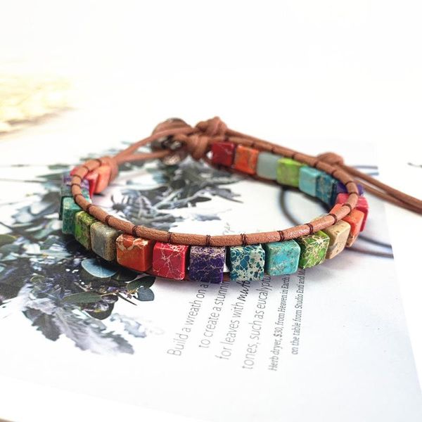 

charm bracelets 7 chakra natural stone handmade leather braided men women adjustable energy colorful reiki healing beaded bracelet, Golden;silver