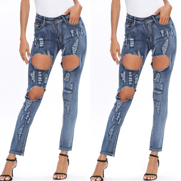 

high waist push up denim jeans women slim fit calca ladies ripped elastic skinny hole vintage boyfriend women's, Blue