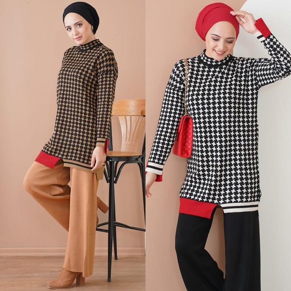 

ethnic clothing 2 piece muslim sets women plaid long sleeve + pants turkish fashion hijab sports casual ramadan moroccan kaft, Red