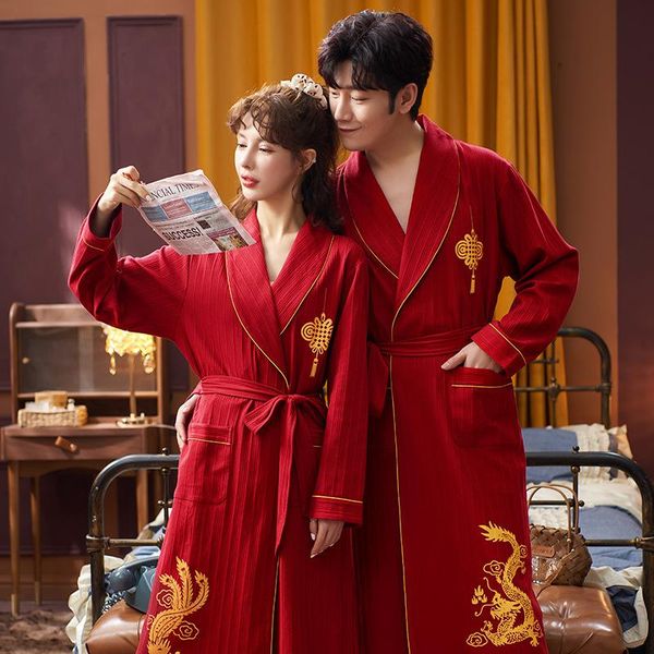 

men's sleepwear 2021 long-sleeved couple wedding pajamas fall/winter men and women married red natal home service suit size -3xl, Black;brown