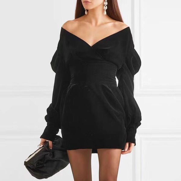 

Sexy Msxu deep V flannel cleavage dressed female thin waist high bubble long mini sleeve women's dress, Black;gray