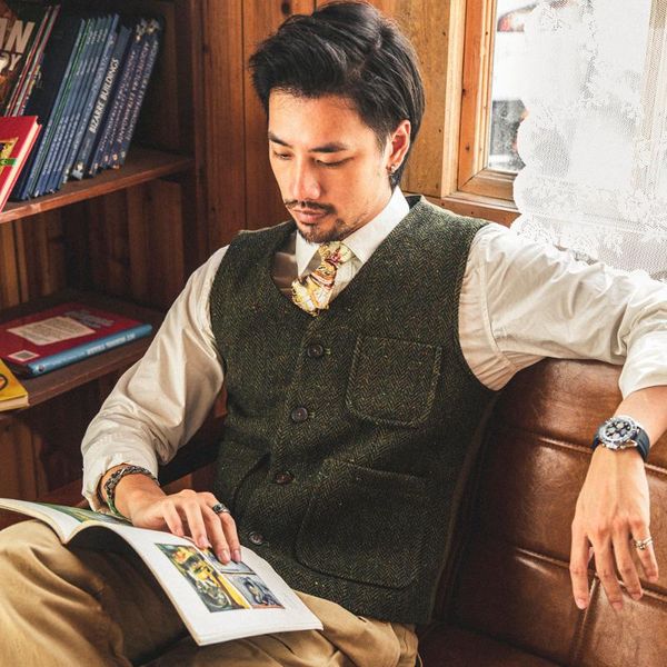 

men's vests style rugged gentleman wool tweed vest retro men suit waistcoat green, Black;white
