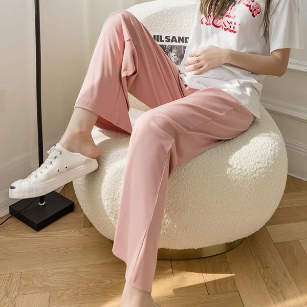 

maternity bottoms 501# summer wide leg loose full long pants adjustable belly straight clothes for pregnant women casual pregnancy, White