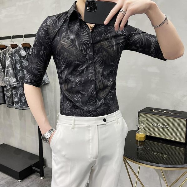 

men's casual shirts spring autumn business men slim half-sleeve printed shirt social party male dress, White;black