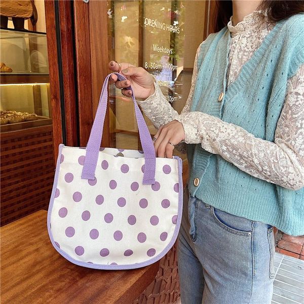 

retro small dot women's canvas shoulder bag female student girls hand carrying shopping bags fashion ladies mini tote handbags
