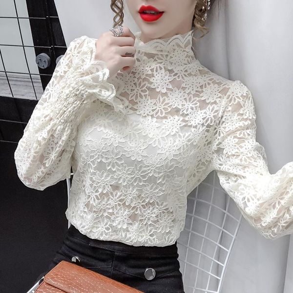 

women's blouses & shirts high collar crocheted hollow lace shirt blosue women match fashion flared sleeves spring girls blusas, White