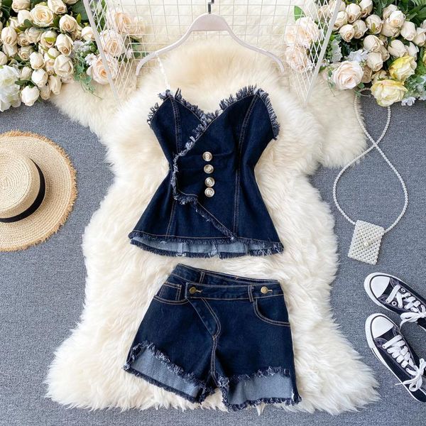 

women's tracksuits women summer fashion 2 piece set tassel strapless jeans + shorts sets chic design woman denim short pants suit outfi, Gray